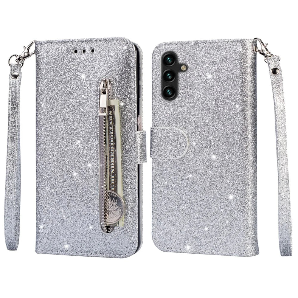 For Samsung Galaxy A35 5G Case Glitter Phone Stand Leather Drop-proof Cover with Zipper Pocket - Silver - 1