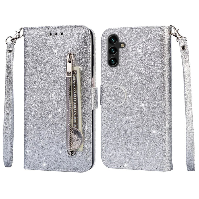 For Samsung Galaxy A35 5G Case Glitter Phone Stand Leather Drop-proof Cover with Zipper Pocket - Silver - 1