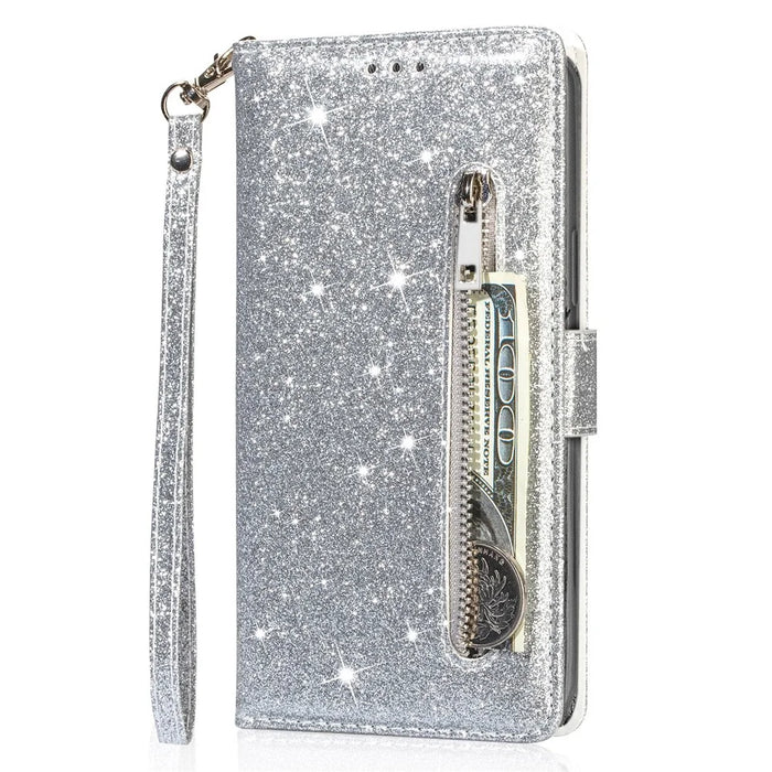 For Samsung Galaxy A35 5G Case Glitter Phone Stand Leather Drop-proof Cover with Zipper Pocket - Silver - 4