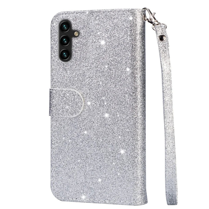 For Samsung Galaxy A35 5G Case Glitter Phone Stand Leather Drop-proof Cover with Zipper Pocket - Silver - 5