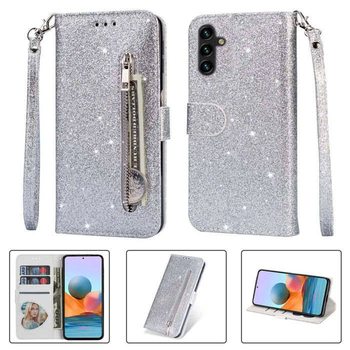 For Samsung Galaxy A35 5G Case Glitter Phone Stand Leather Drop-proof Cover with Zipper Pocket - Silver - 6