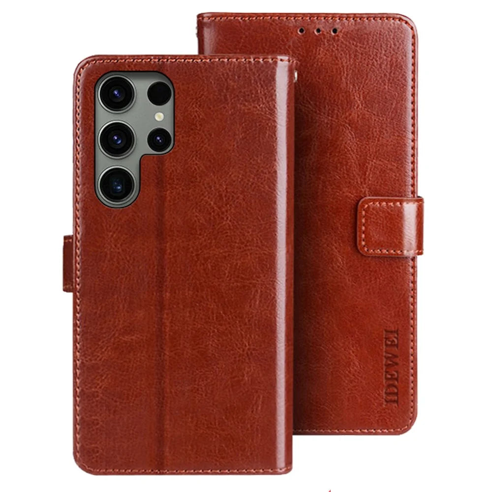 IDEWEI For Samsung Galaxy S24 Ultra Leather Case Crazy Horse Leather Folio Flip Phone Wallet - Brown - 1