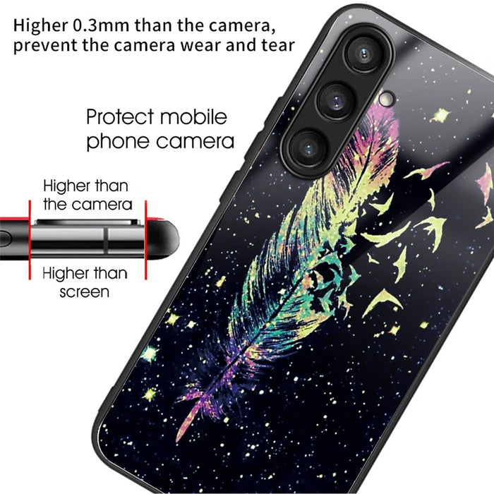 For Samsung Galaxy S24 Tempered Glass+TPU Case Pattern Printing Phone Cover - Feather - 2