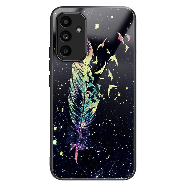 For Samsung Galaxy A15 4G / 5G Phone Case Pattern Printing Tempered Glass Cover - Feather - 1