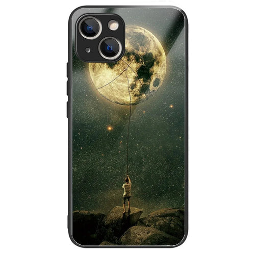 Tempered Glass+TPU Case for iPhone 15 Phone Cover Pattern Printing - Man and Moon - 1