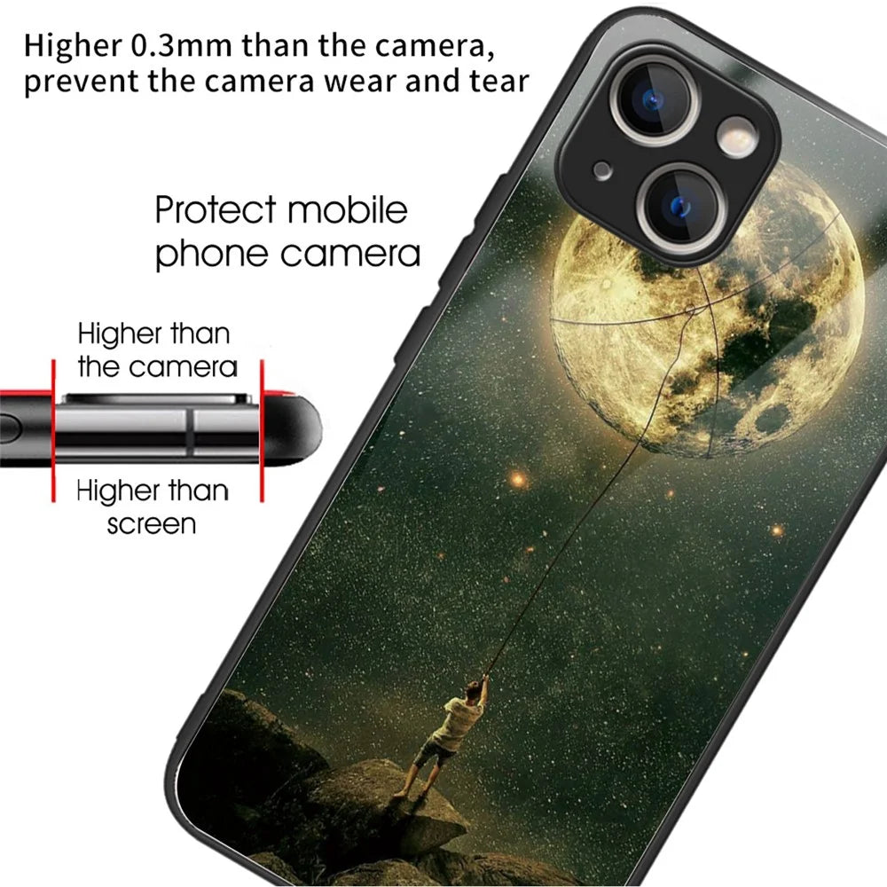 Tempered Glass+TPU Case for iPhone 15 Phone Cover Pattern Printing - Man and Moon - 2