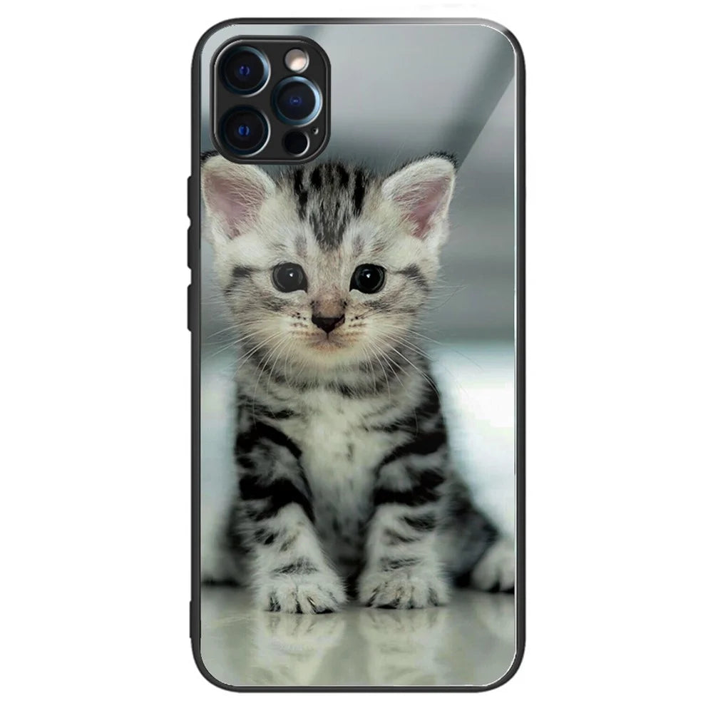 For iPhone 15 Pro Pattern Printing Phone Case Tempered Glass Back + TPU Edge - Cute Cat - 1
