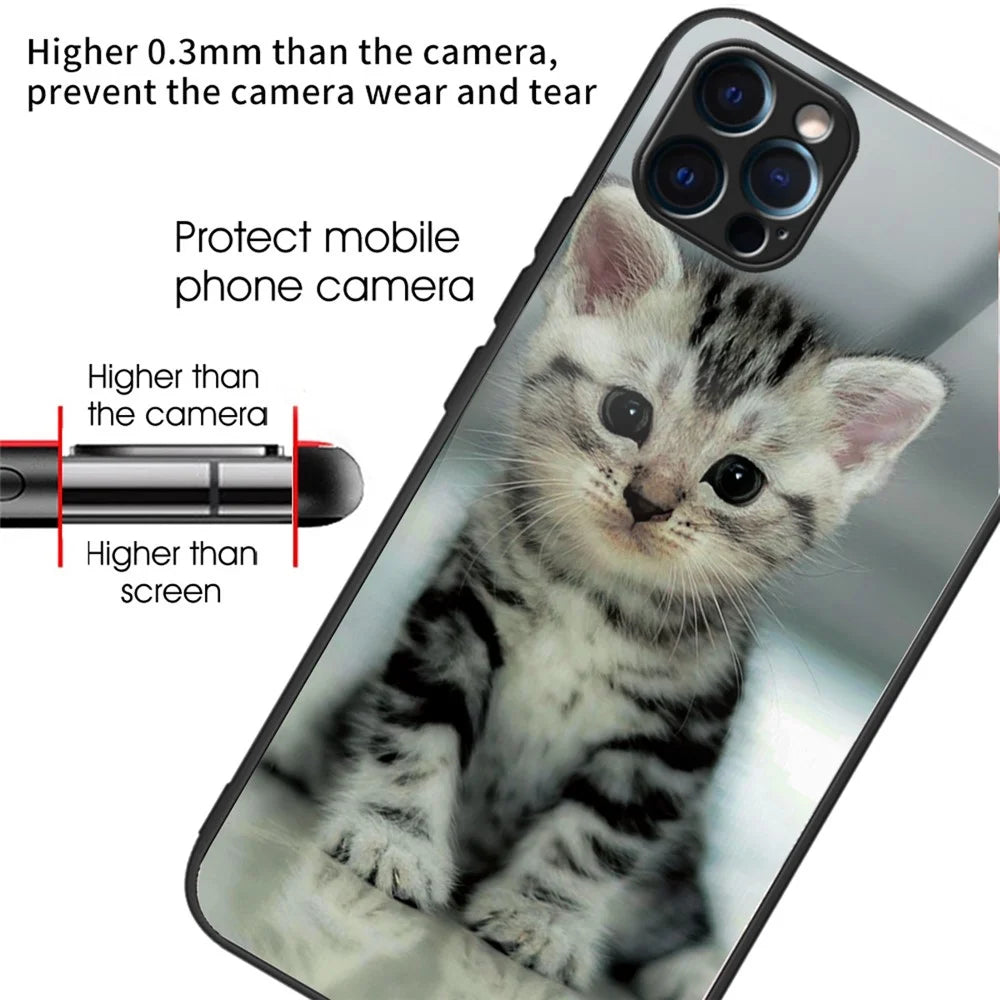 For iPhone 15 Pro Pattern Printing Phone Case Tempered Glass Back + TPU Edge - Cute Cat - 2