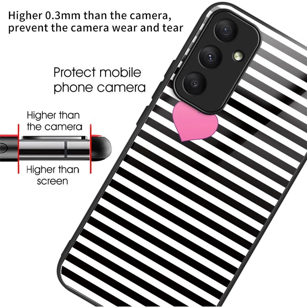 For Samsung Galaxy A55 5G Tempered Glass Pattern Printing Case Phone Cover - Stripes / Hearts - 2
