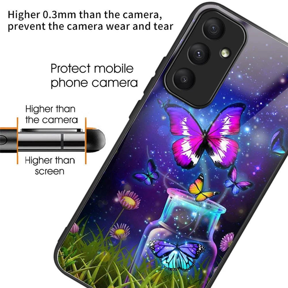For Samsung Galaxy A35 5G Case Anti-fall TPU+Tempered Glass Pattern Printing Phone Back Cover - Bottle / Butterfly - 2