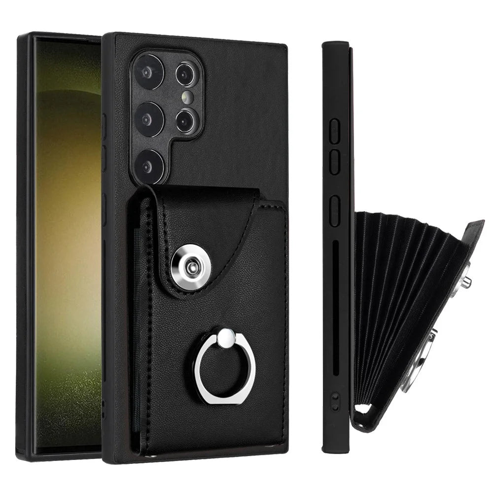 YB Leather Coating Series-7 for Samsung Galaxy S24 Ultra Magnetic Phone Case Card Holder Cover - Black - 2