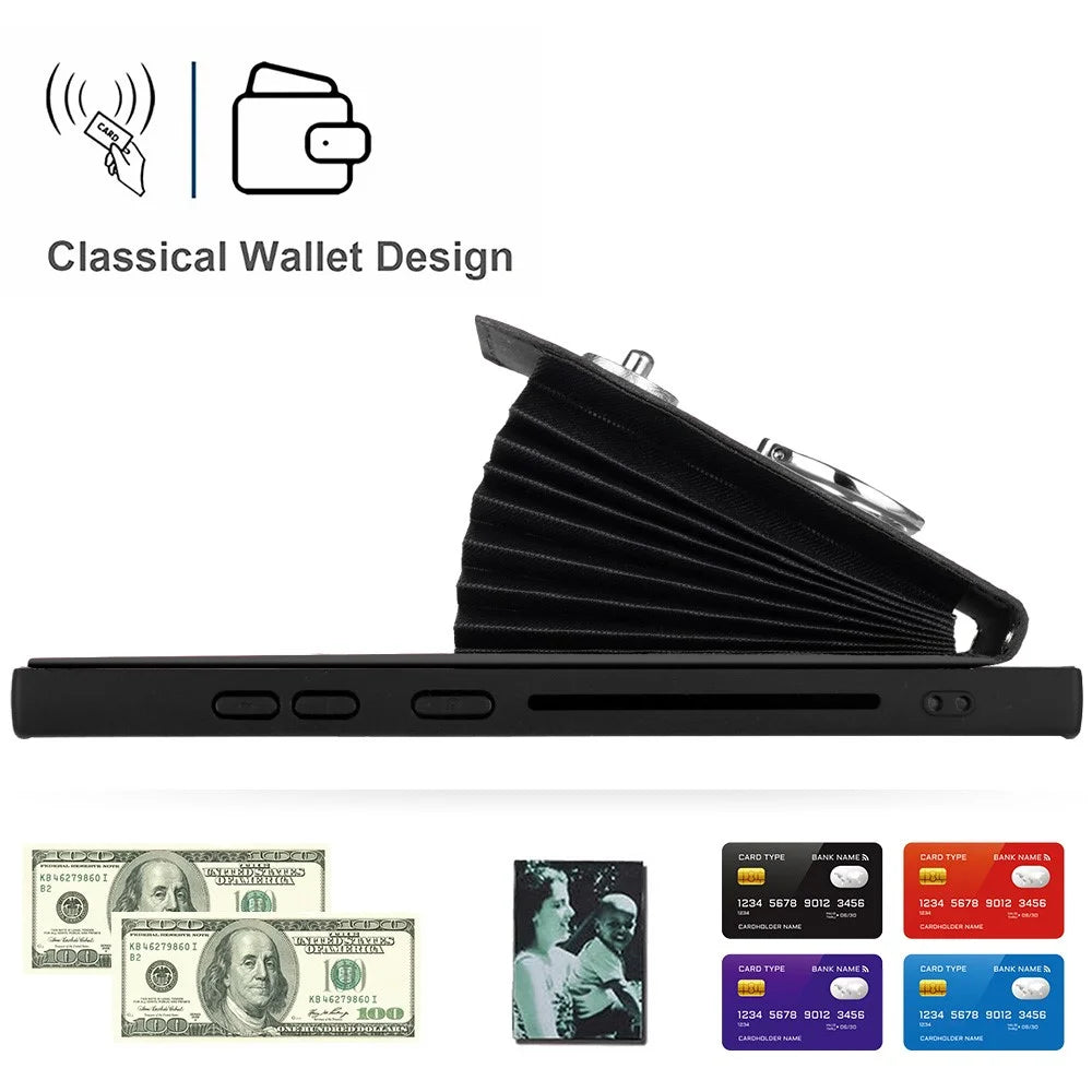 YB Leather Coating Series-7 for Samsung Galaxy S24 Ultra Magnetic Phone Case Card Holder Cover - Black - 3