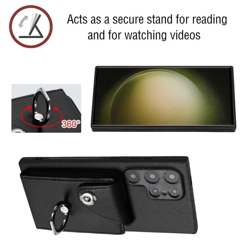 YB Leather Coating Series-7 for Samsung Galaxy S24 Ultra Magnetic Phone Case Card Holder Cover - Black - 4