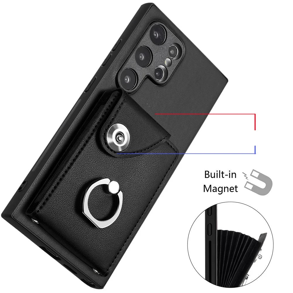 YB Leather Coating Series-7 for Samsung Galaxy S24 Ultra Magnetic Phone Case Card Holder Cover - Black - 5