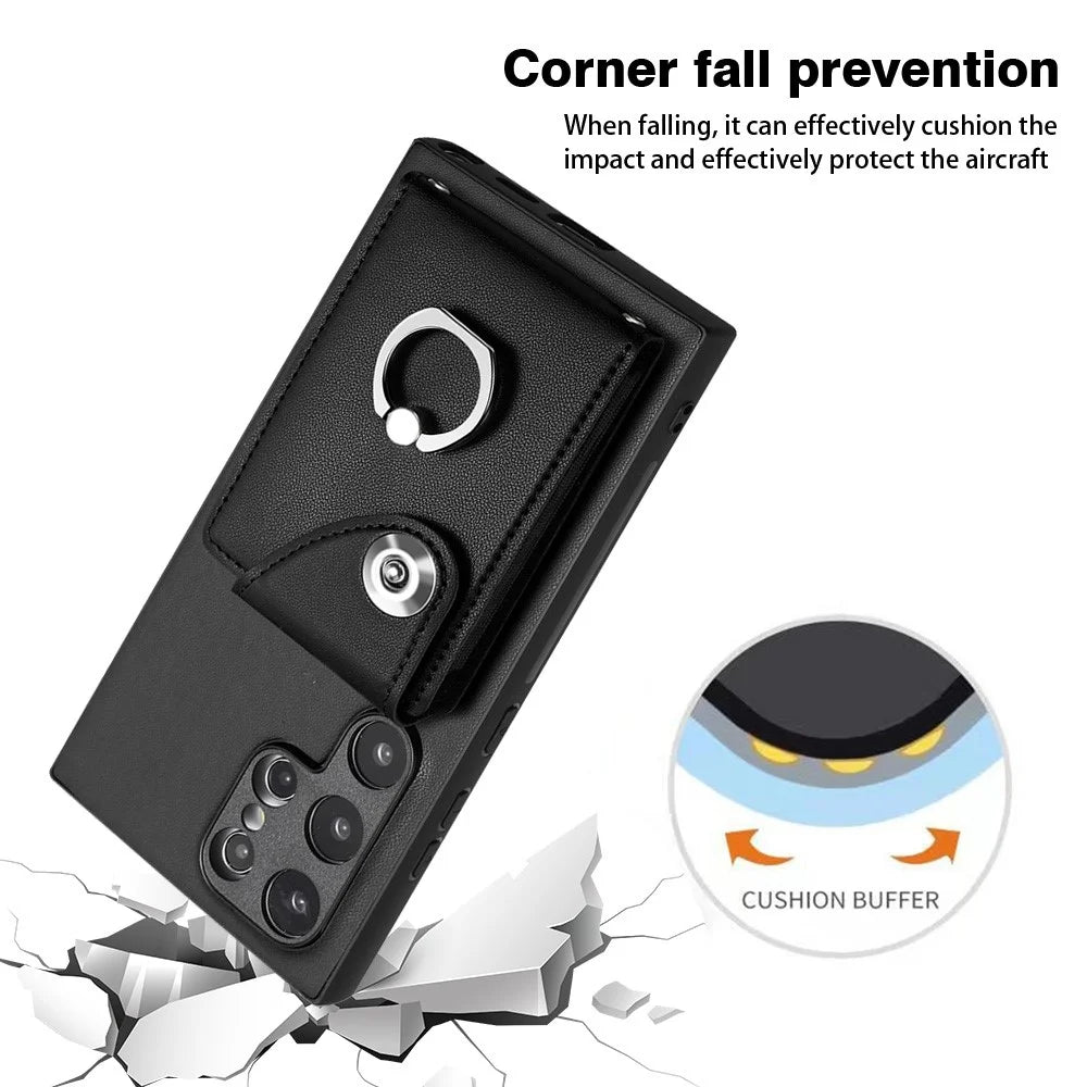 YB Leather Coating Series-7 for Samsung Galaxy S24 Ultra Magnetic Phone Case Card Holder Cover - Black - 6
