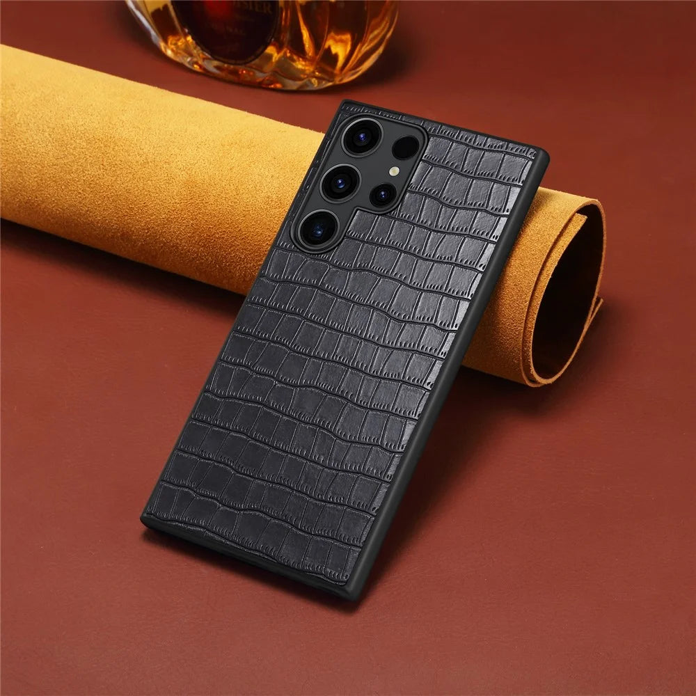 For Samsung Galaxy S24 Ultra Case PU+PC+TPU Crocodile Textured Smart Phone Cover - Black - 5