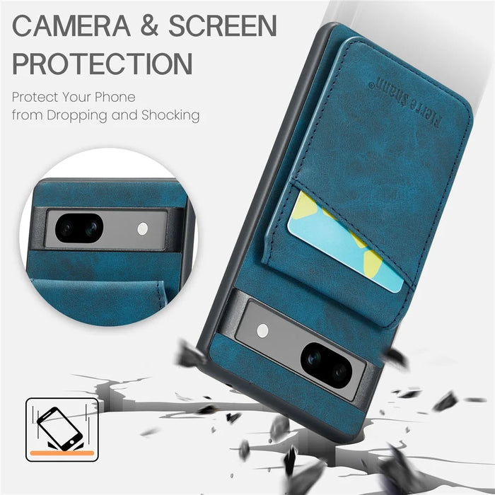 FIERRE SHANN For Google Pixel 7 5G Cell Phone Case PU+TPU Card Holder Cover - Blue - 5