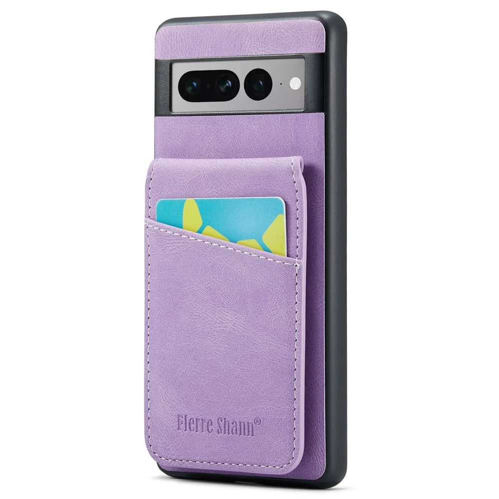 FIERRE SHANN For Google Pixel 7 Pro 5G RFID Blocking Cell Phone Case Card Slots PU+TPU Cover - Purple - 1