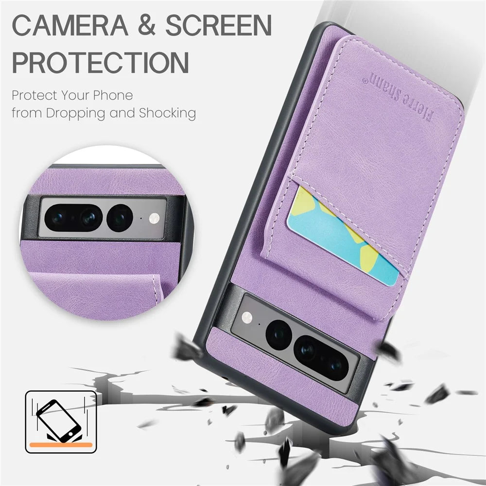 FIERRE SHANN For Google Pixel 7 Pro 5G RFID Blocking Cell Phone Case Card Slots PU+TPU Cover - Purple - 5
