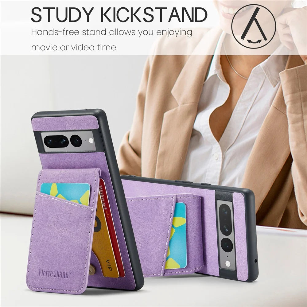 FIERRE SHANN For Google Pixel 7 Pro 5G RFID Blocking Cell Phone Case Card Slots PU+TPU Cover - Purple - 7