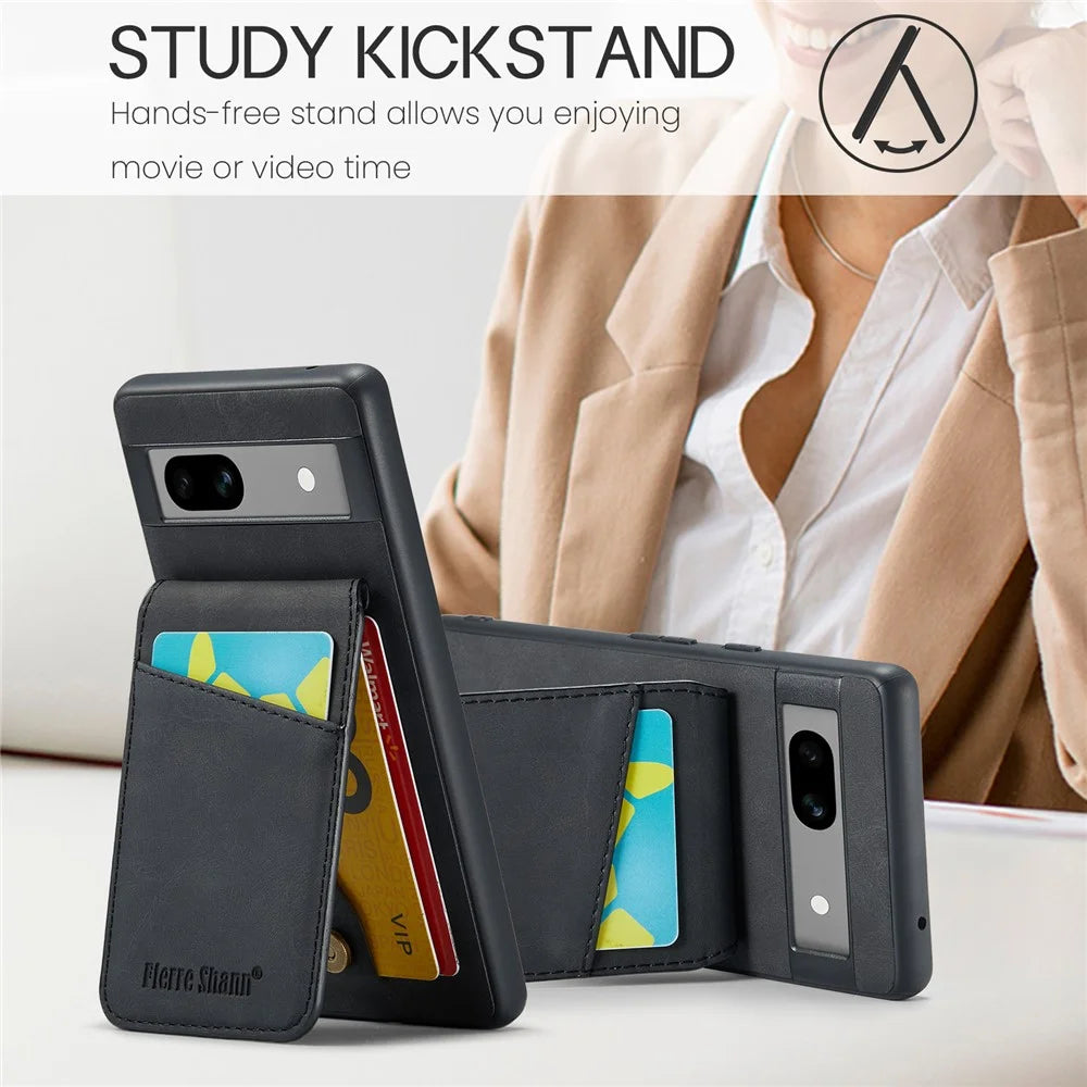 FIERRE SHANN For Google Pixel 8 Cell Phone Case Kickstand Design PU+TPU Cover - Black - 7