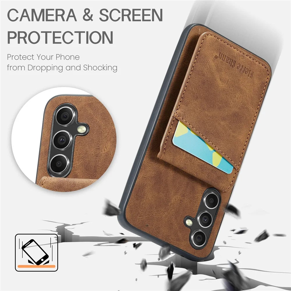 FIERRE SHANN For Samsung Galaxy A34 5G Cell Phone Case Shockproof PU+TPU Cover - Brown - 5