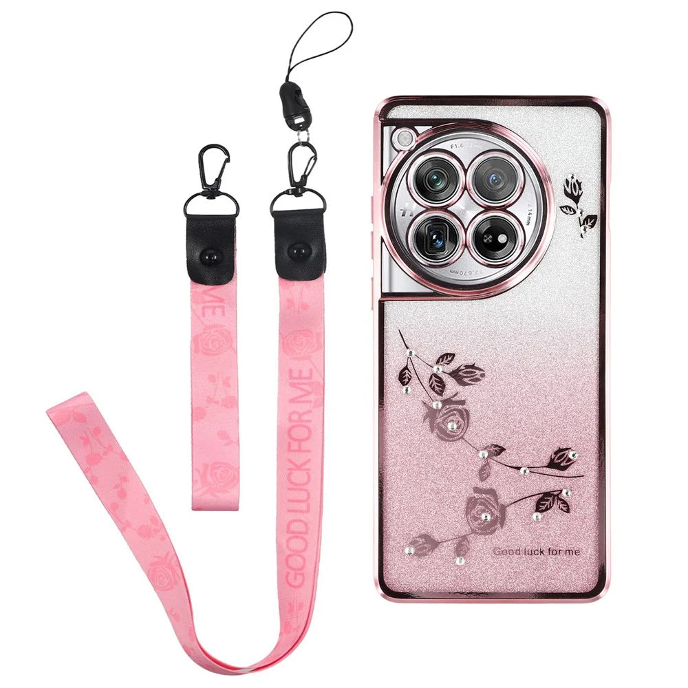 KADEM For OnePlus 12 5G Cover Flower Pattern Gradient TPU Anti-scratch Cell Phone Case with Strap - Rose Gold - 1
