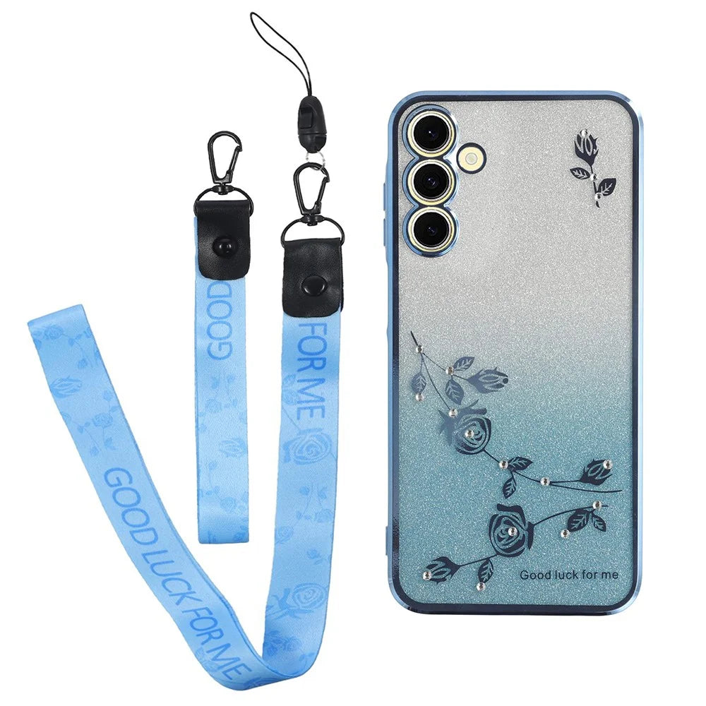 KADEM For Samsung Galaxy A15 4G / A15 5G Phone Cover Flower Pattern TPU Shockproof Case with Strap - Blue - 1
