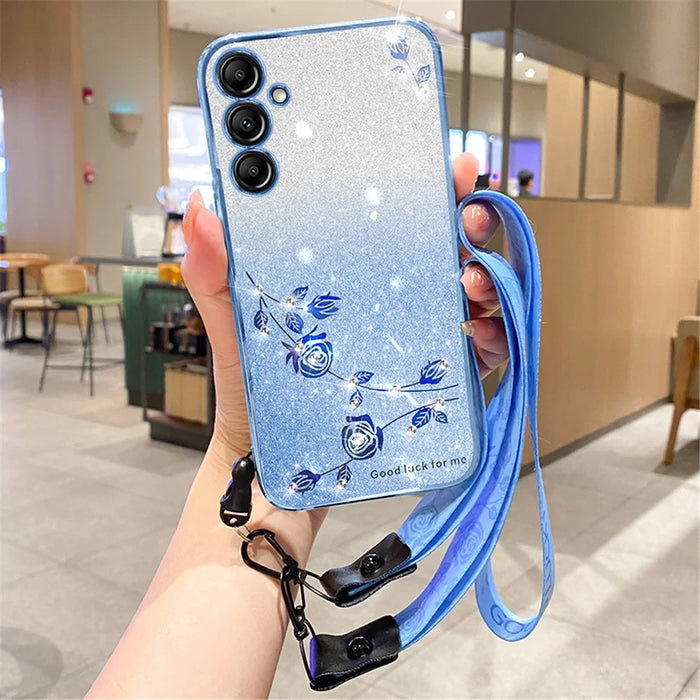 KADEM For Samsung Galaxy A15 4G / A15 5G Phone Cover Flower Pattern TPU Shockproof Case with Strap - Blue - 6