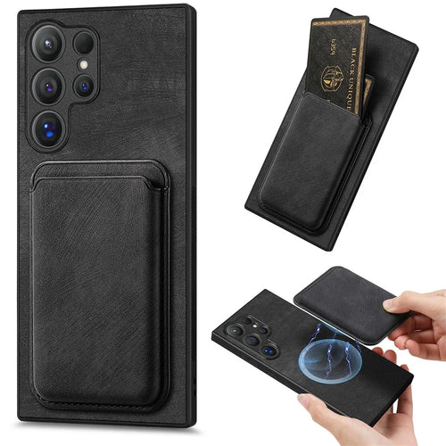 For Samsung Galaxy S24 Ultra Magnetic Case Leather Back Cover with Detachable Card Holder - Black - 1