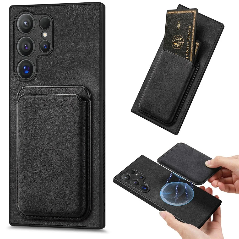For Samsung Galaxy S24 Ultra Magnetic Case Leather Back Cover with Detachable Card Holder - Black - 1