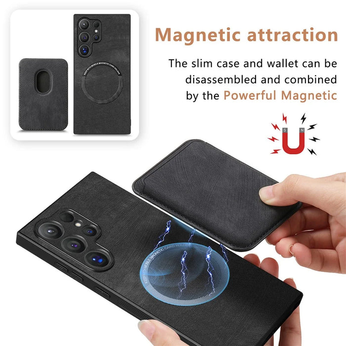 For Samsung Galaxy S24 Ultra Magnetic Case Leather Back Cover with Detachable Card Holder - Black - 6