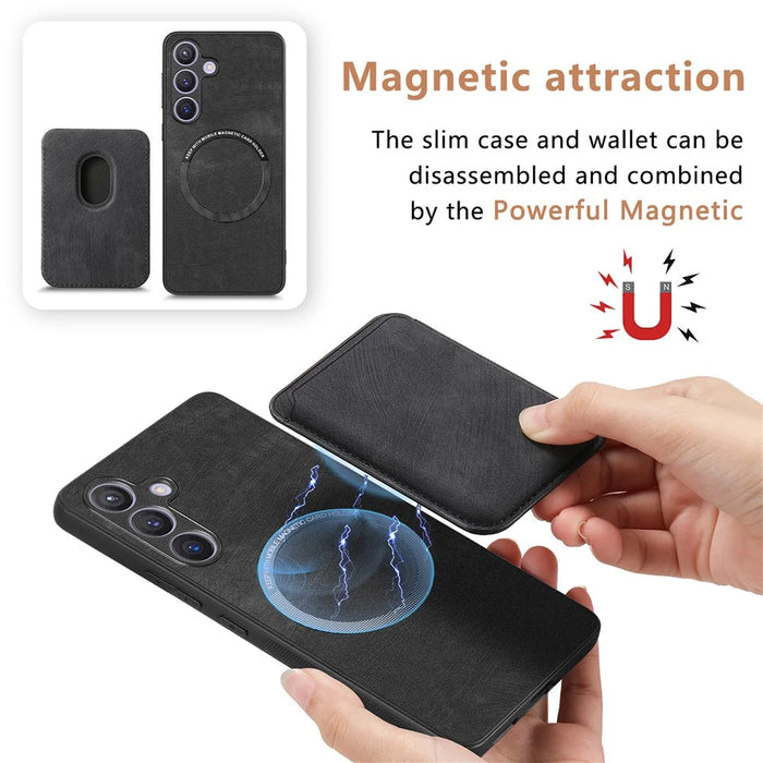 For Samsung Galaxy S24 Case Magnetic Case Leather Back Cover with Detachable Card Holder - Black - 6