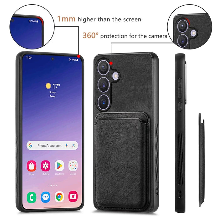 For Samsung Galaxy S24 Case Magnetic Case Leather Back Cover with Detachable Card Holder - Black - 7