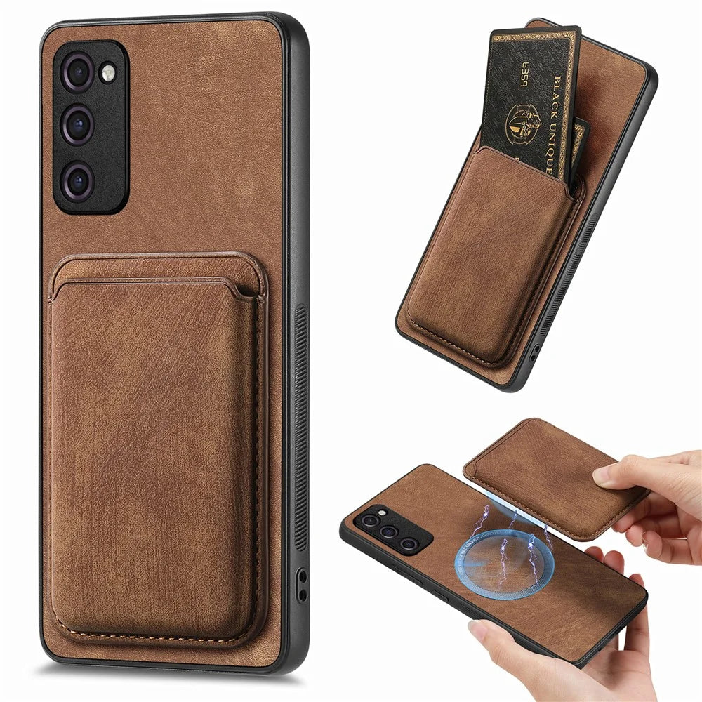 For Samsung Galaxy S20 Lite / S20 FE / S20 FE 5G / S20 FE 2022 Magnetic Case Leather Back Cover with Detachable Card Holder - Brown - 1