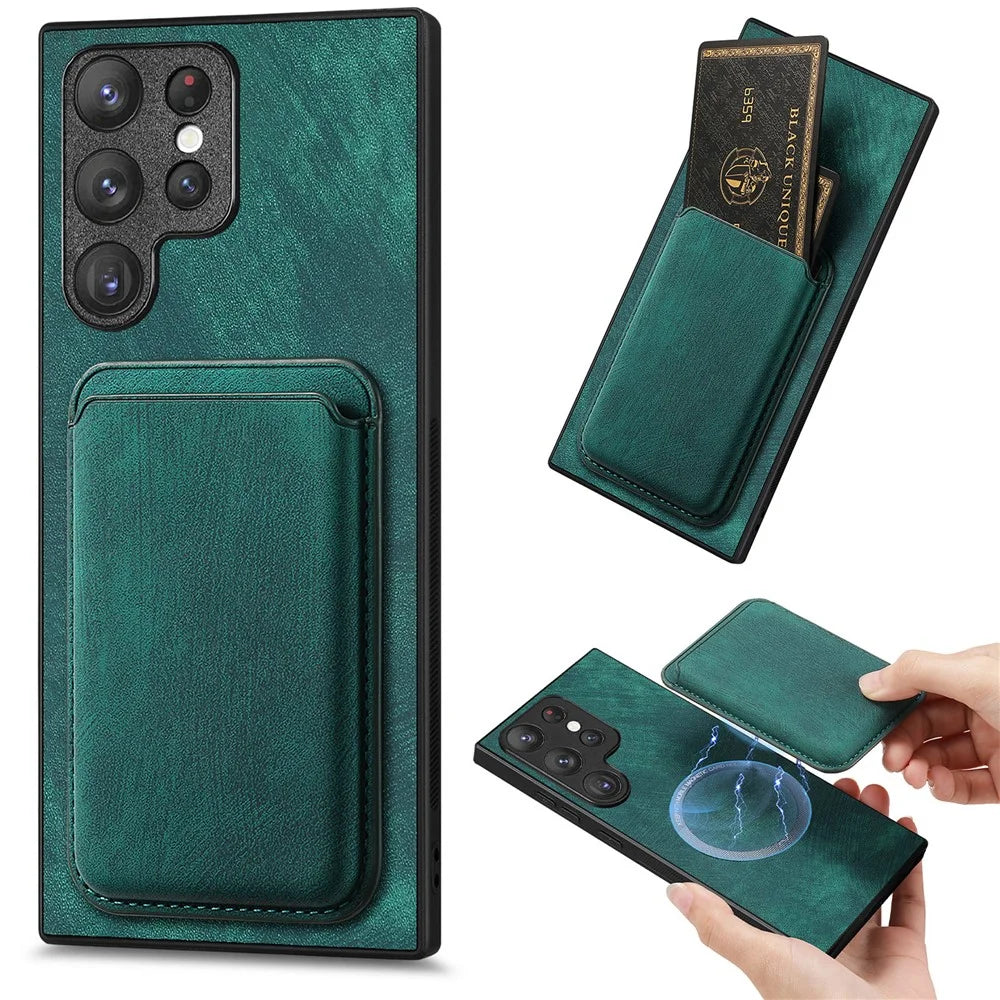 For Samsung Galaxy S22 Ultra 5G Magnetic Case Leather Back Cover with Detachable Card Holder - Green - 1