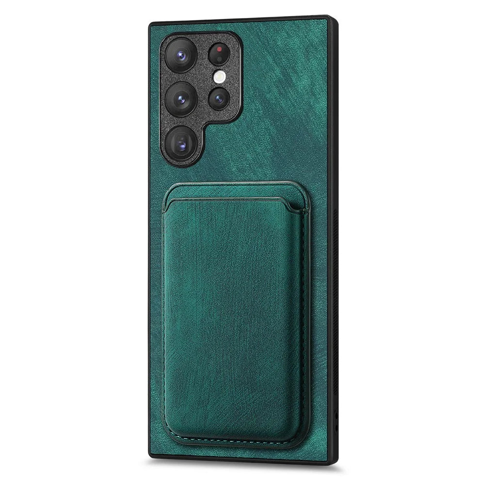 For Samsung Galaxy S22 Ultra 5G Magnetic Case Leather Back Cover with Detachable Card Holder - Green - 2