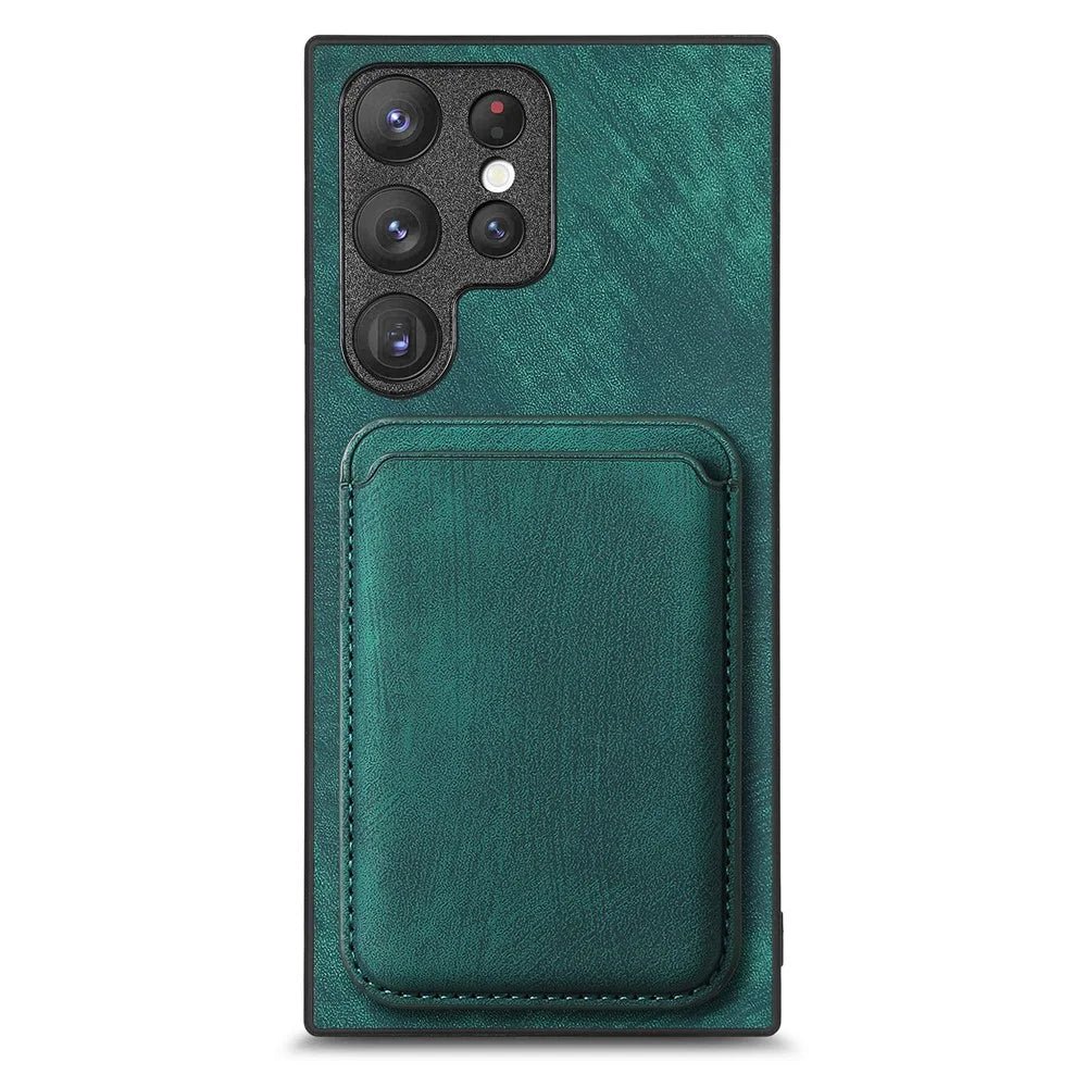 For Samsung Galaxy S22 Ultra 5G Magnetic Case Leather Back Cover with Detachable Card Holder - Green - 3
