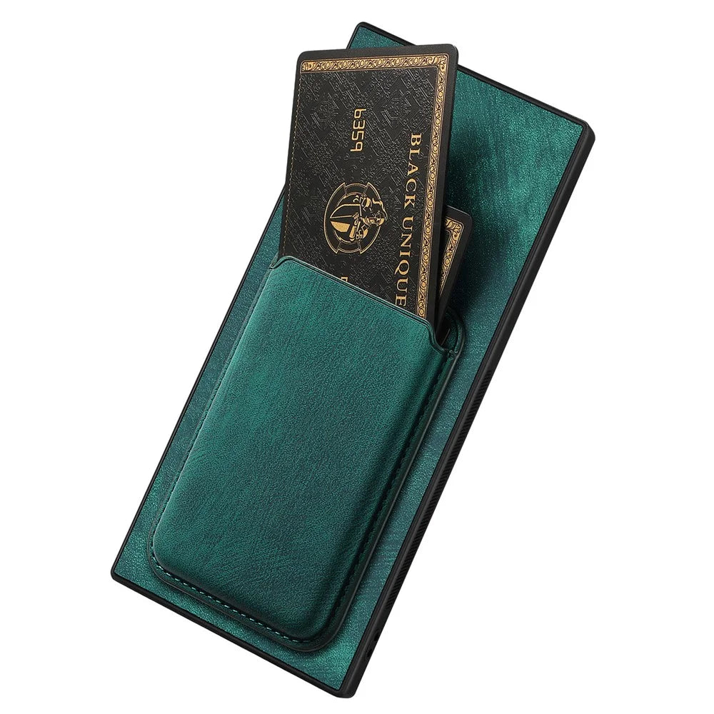 For Samsung Galaxy S22 Ultra 5G Magnetic Case Leather Back Cover with Detachable Card Holder - Green - 4