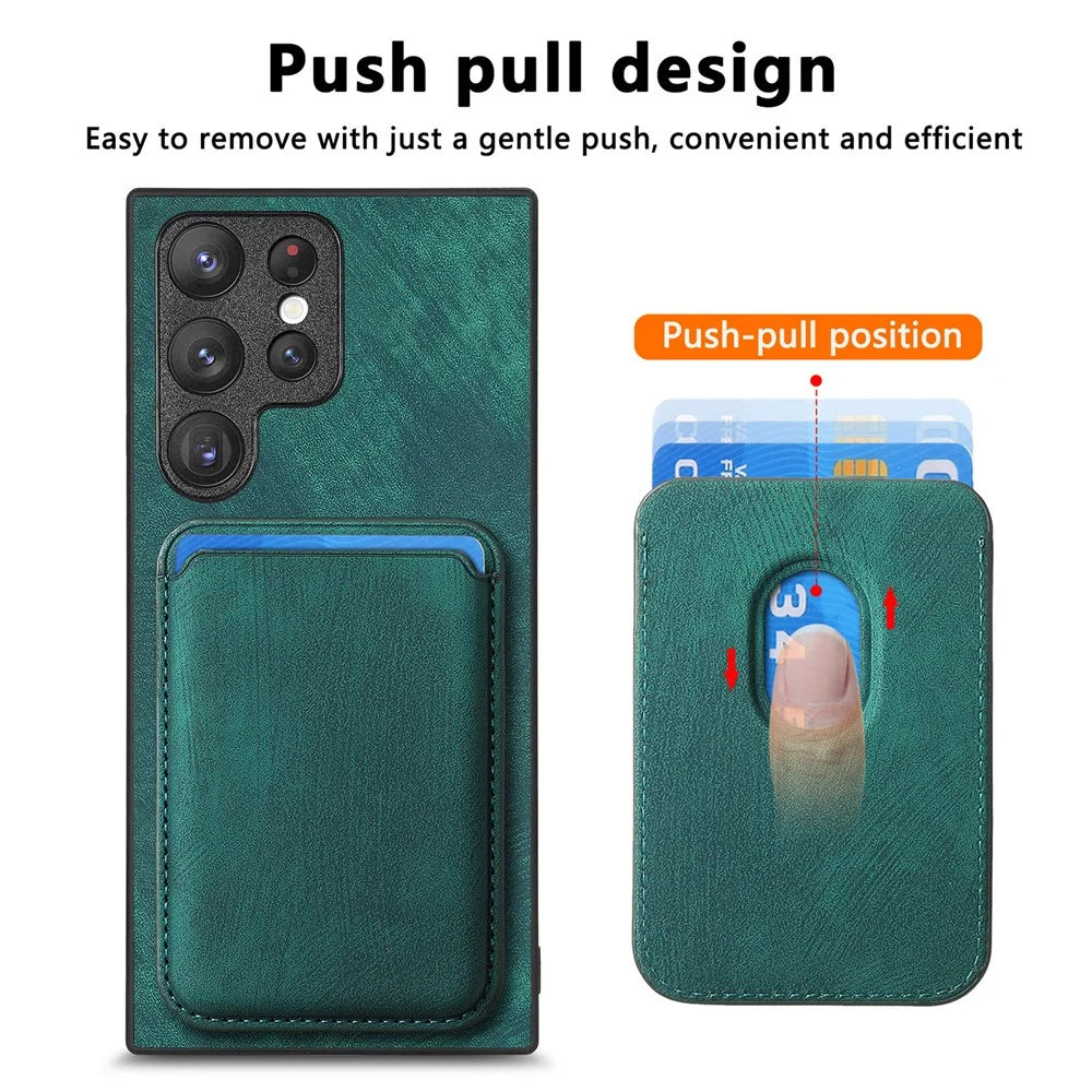 For Samsung Galaxy S22 Ultra 5G Magnetic Case Leather Back Cover with Detachable Card Holder - Green - 5