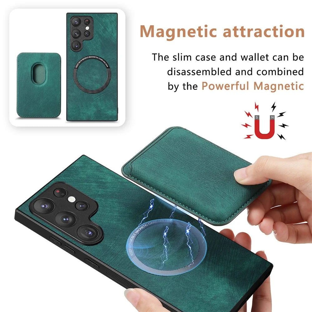 For Samsung Galaxy S22 Ultra 5G Magnetic Case Leather Back Cover with Detachable Card Holder - Green - 6