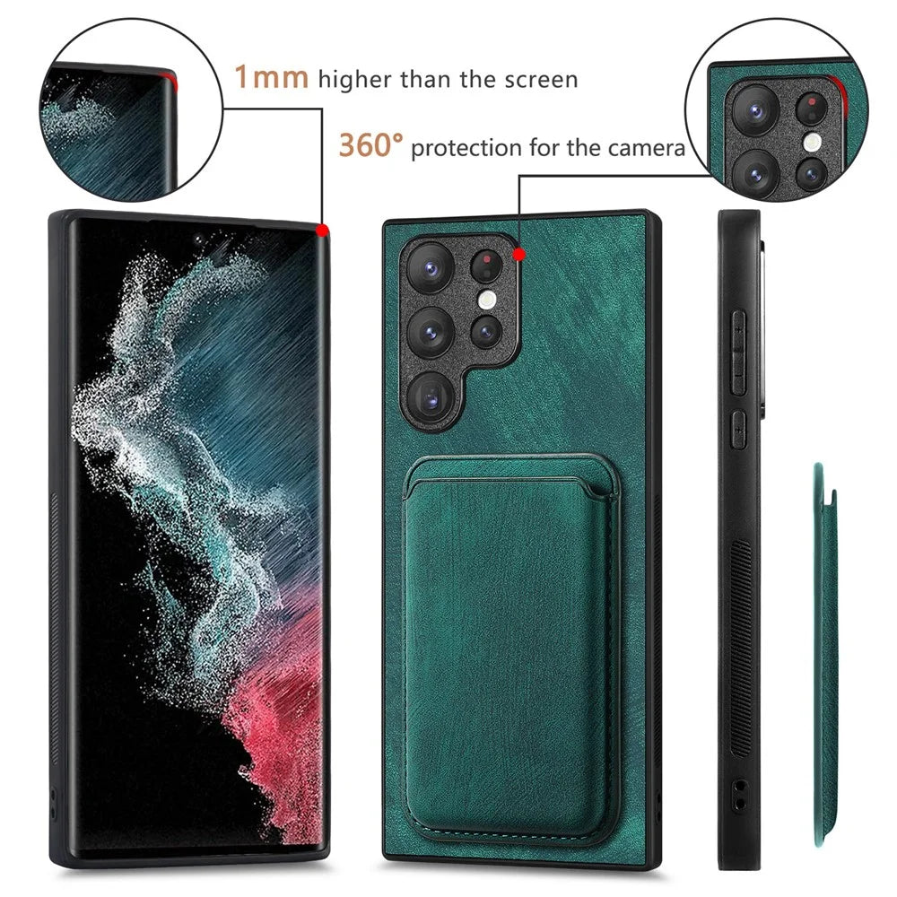 For Samsung Galaxy S22 Ultra 5G Magnetic Case Leather Back Cover with Detachable Card Holder - Green - 7