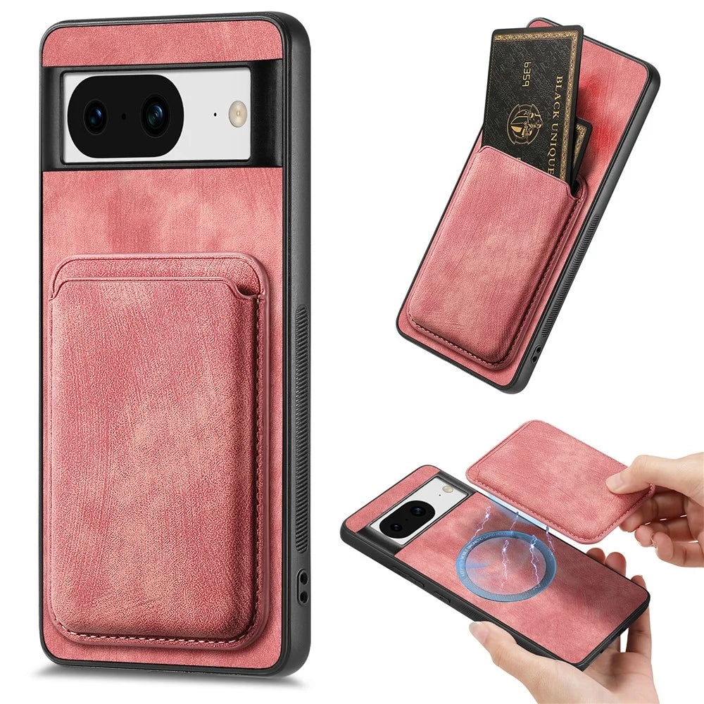 For Google Pixel 8 Anti-Scratch Case Magnetic Case Leather Back Cover with Detachable Card Holder - Pink - 1