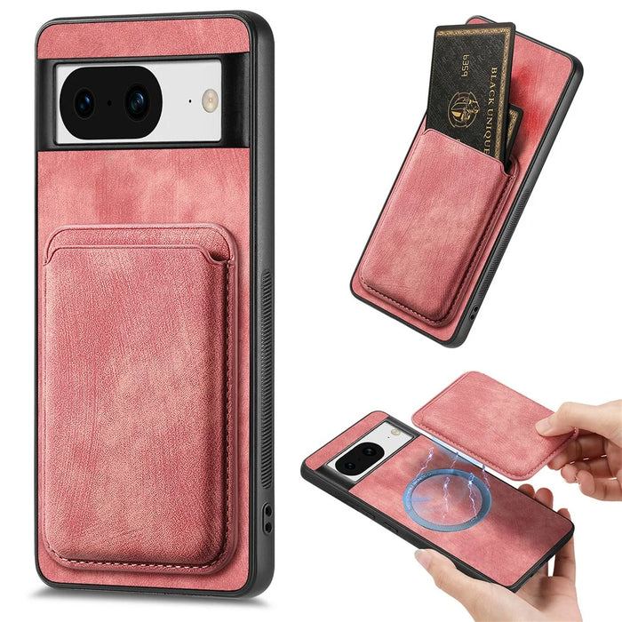 For Google Pixel 8 Anti-Scratch Case Magnetic Case Leather Back Cover with Detachable Card Holder - Pink - 1