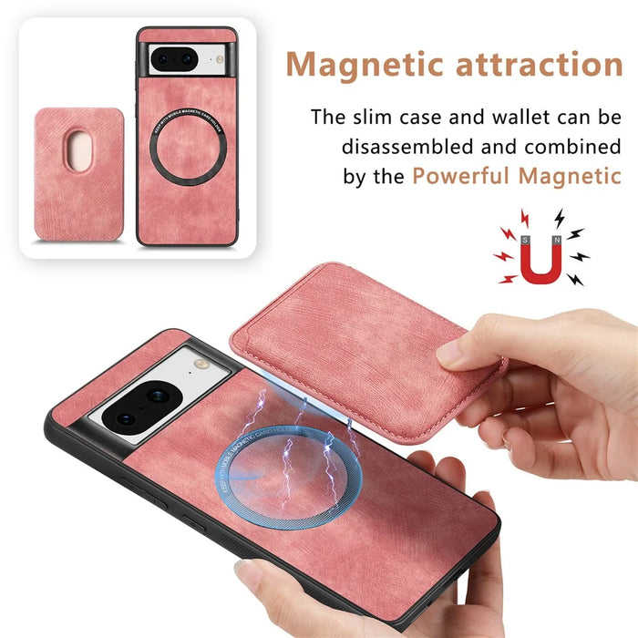 For Google Pixel 8 Anti-Scratch Case Magnetic Case Leather Back Cover with Detachable Card Holder - Pink - 6