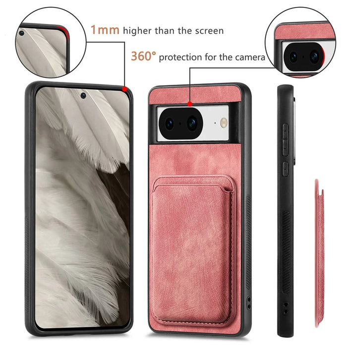 For Google Pixel 8 Anti-Scratch Case Magnetic Case Leather Back Cover with Detachable Card Holder - Pink - 7