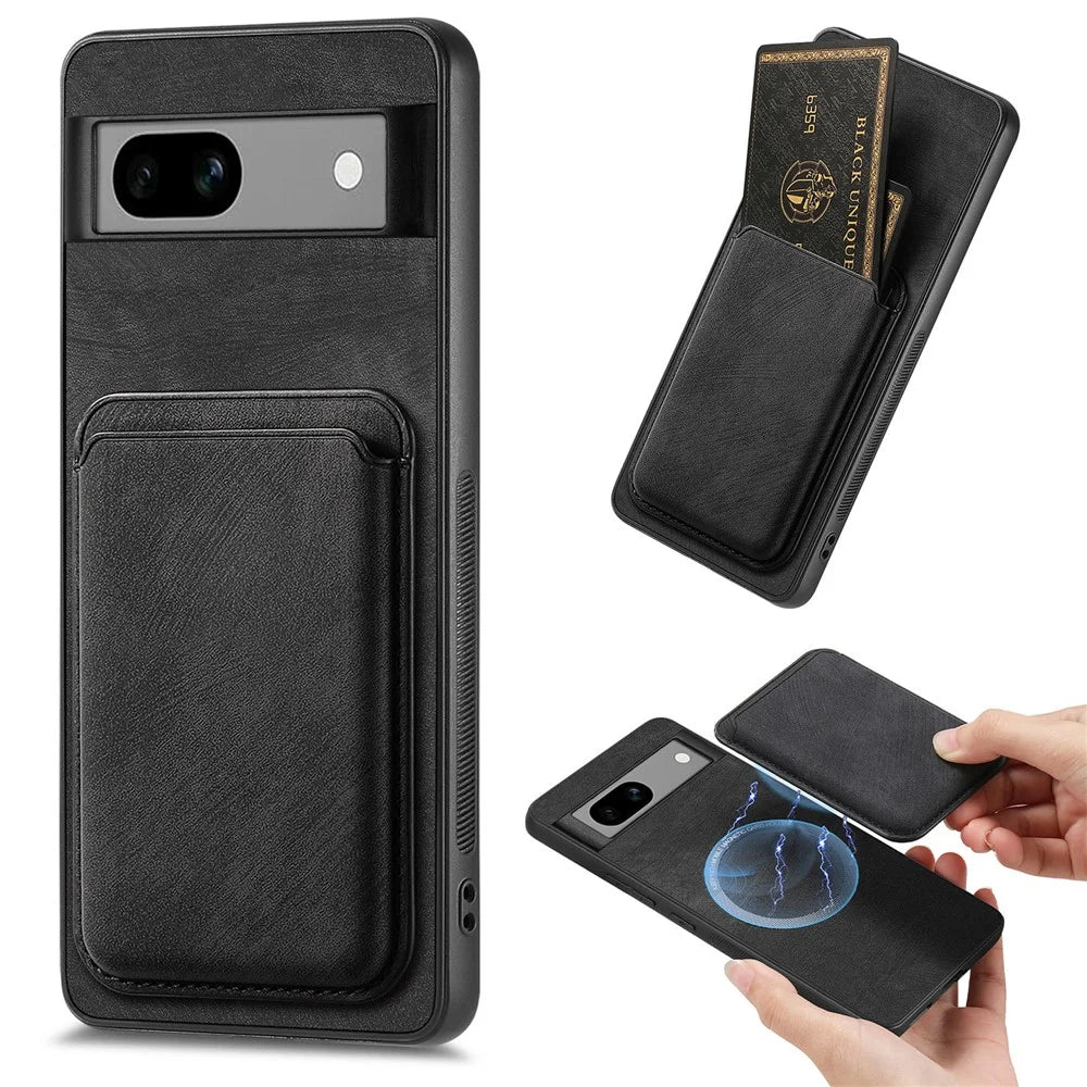 For Google Pixel 7a Magnetic Case Leather Back Cover with Detachable Card Holder - Black - 1