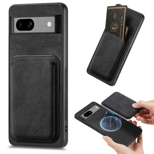 For Google Pixel 7a Magnetic Case Leather Back Cover with Detachable Card Holder - Black - 1