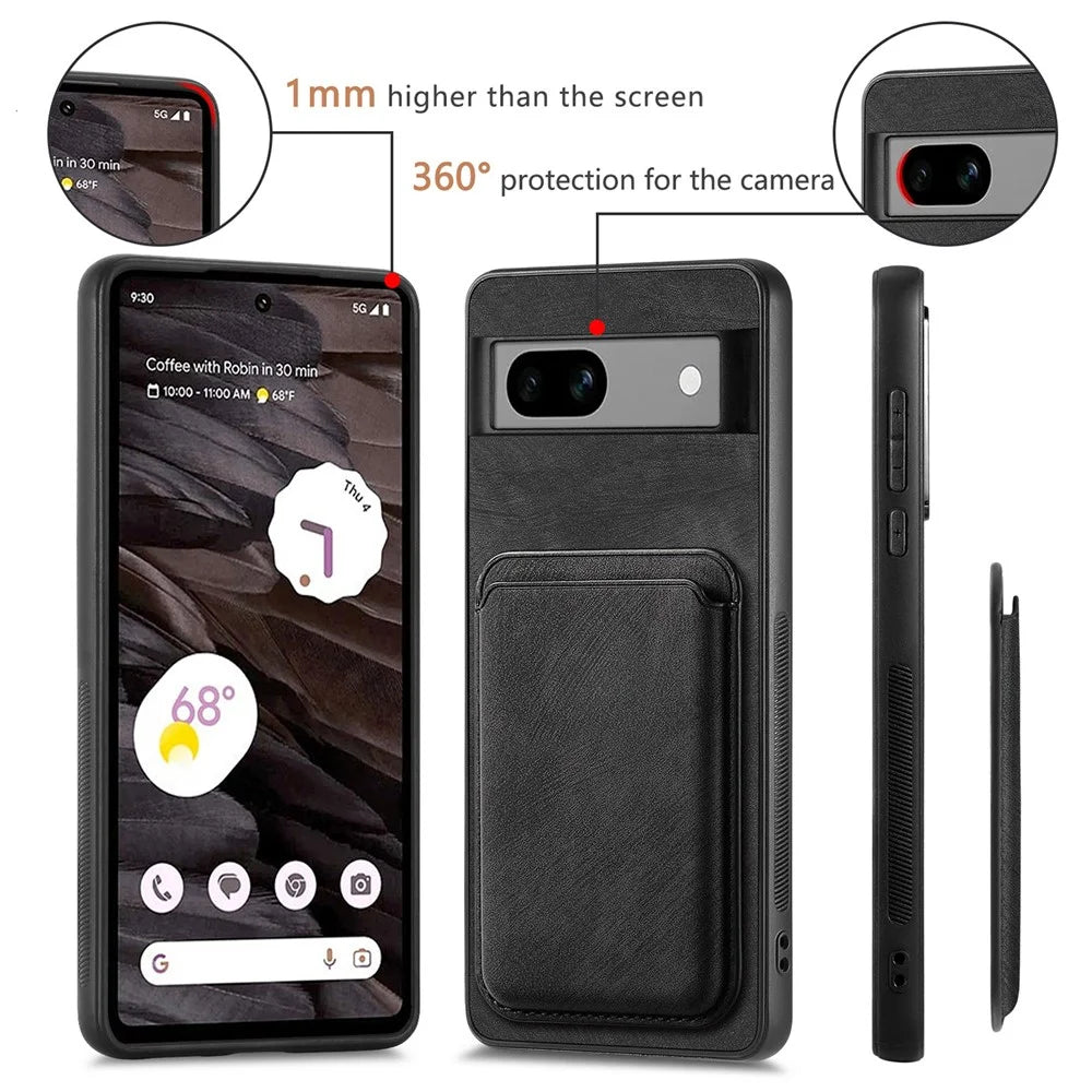 For Google Pixel 7a Magnetic Case Leather Back Cover with Detachable Card Holder - Black - 7