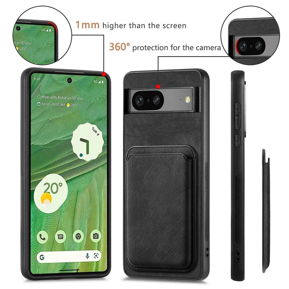 For Google Pixel 7 5G Case Magnetic Case Leather Back Cover with Detachable Card Holder - Black - 7